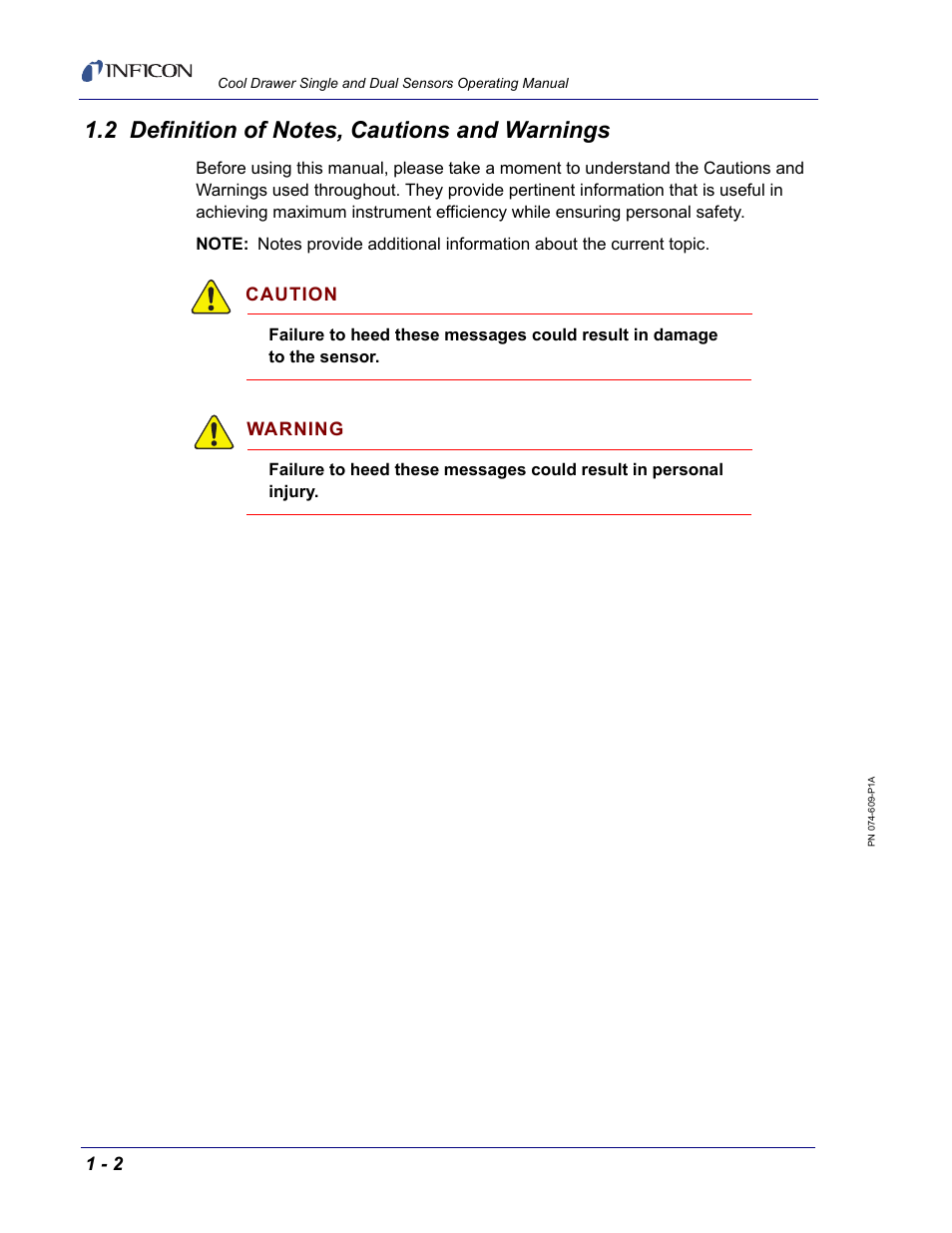 2 definition of notes, cautions and warnings, Caution, Warning | INFICON Cool Drawer Single Sensor User Manual | Page 12 / 52