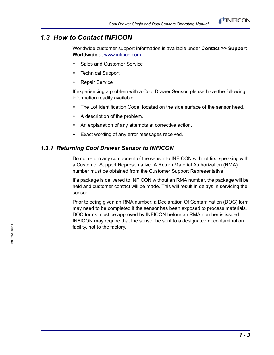 3 how to contact inficon, 1 returning cool drawer sensor to inficon | INFICON Cool Drawer Single Sensor User Manual | Page 13 / 52
