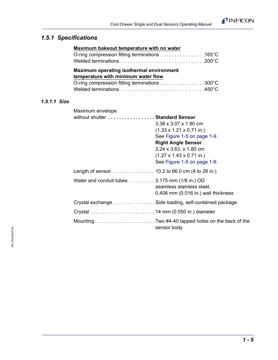 1 specifications, 1 size | INFICON Cool Drawer Single Sensor User Manual | Page 15 / 52