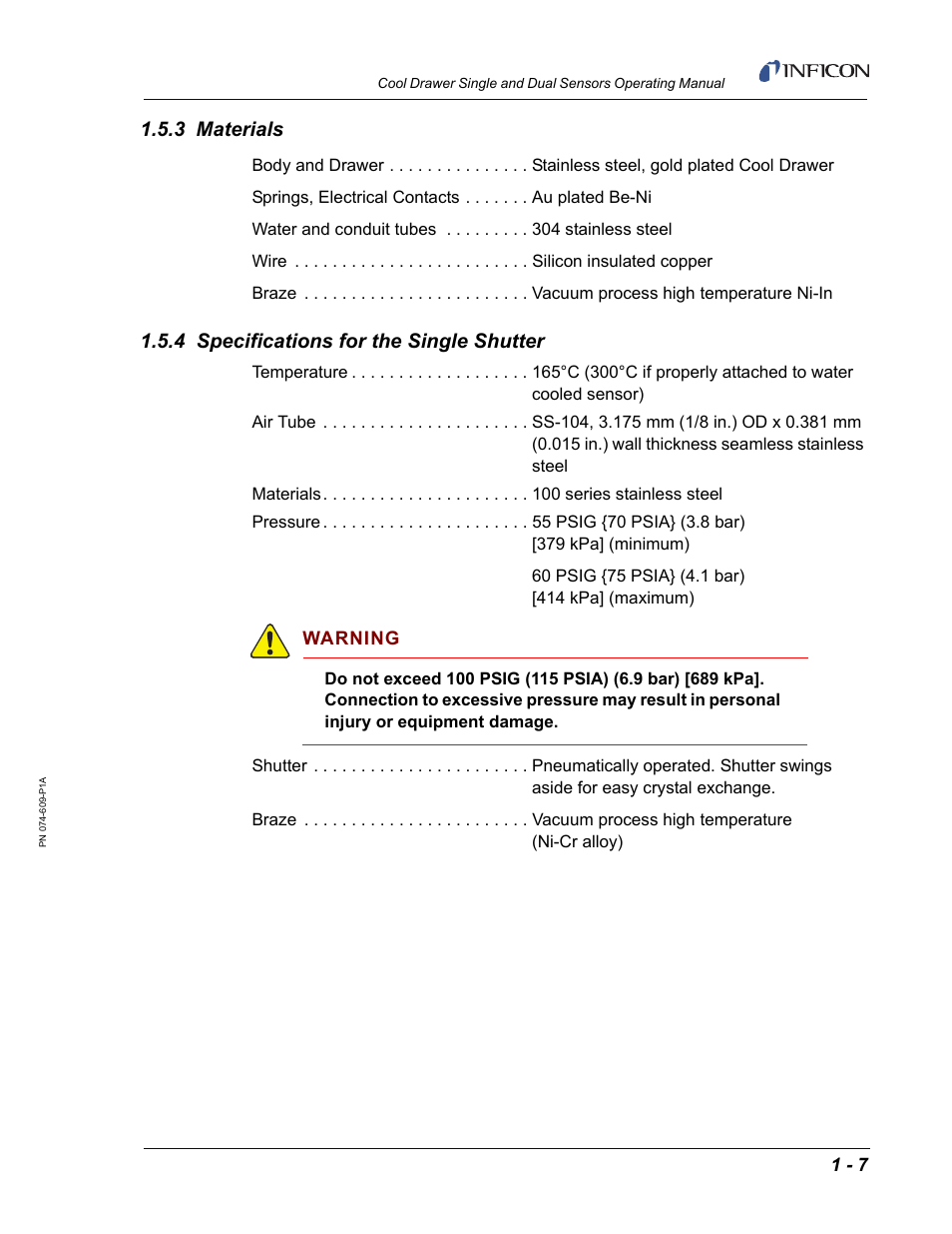3 materials, 4 specifications for the single shutter | INFICON Cool Drawer Single Sensor User Manual | Page 17 / 52