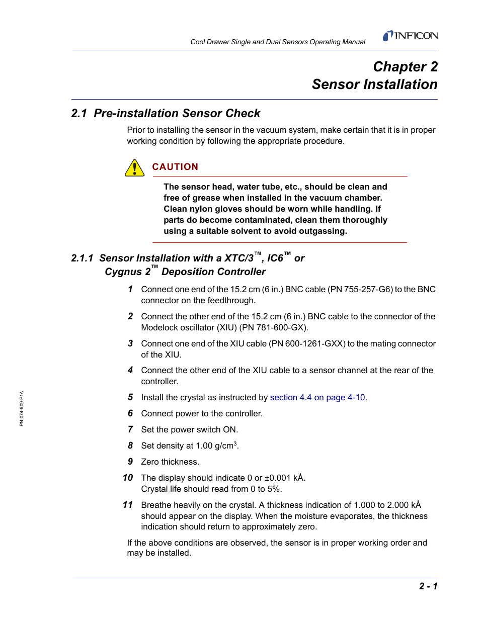 Chapter 2 sensor installation, 1 pre-installation sensor check, Chapter 2 | Sensor installation | INFICON Cool Drawer Single Sensor User Manual | Page 27 / 52