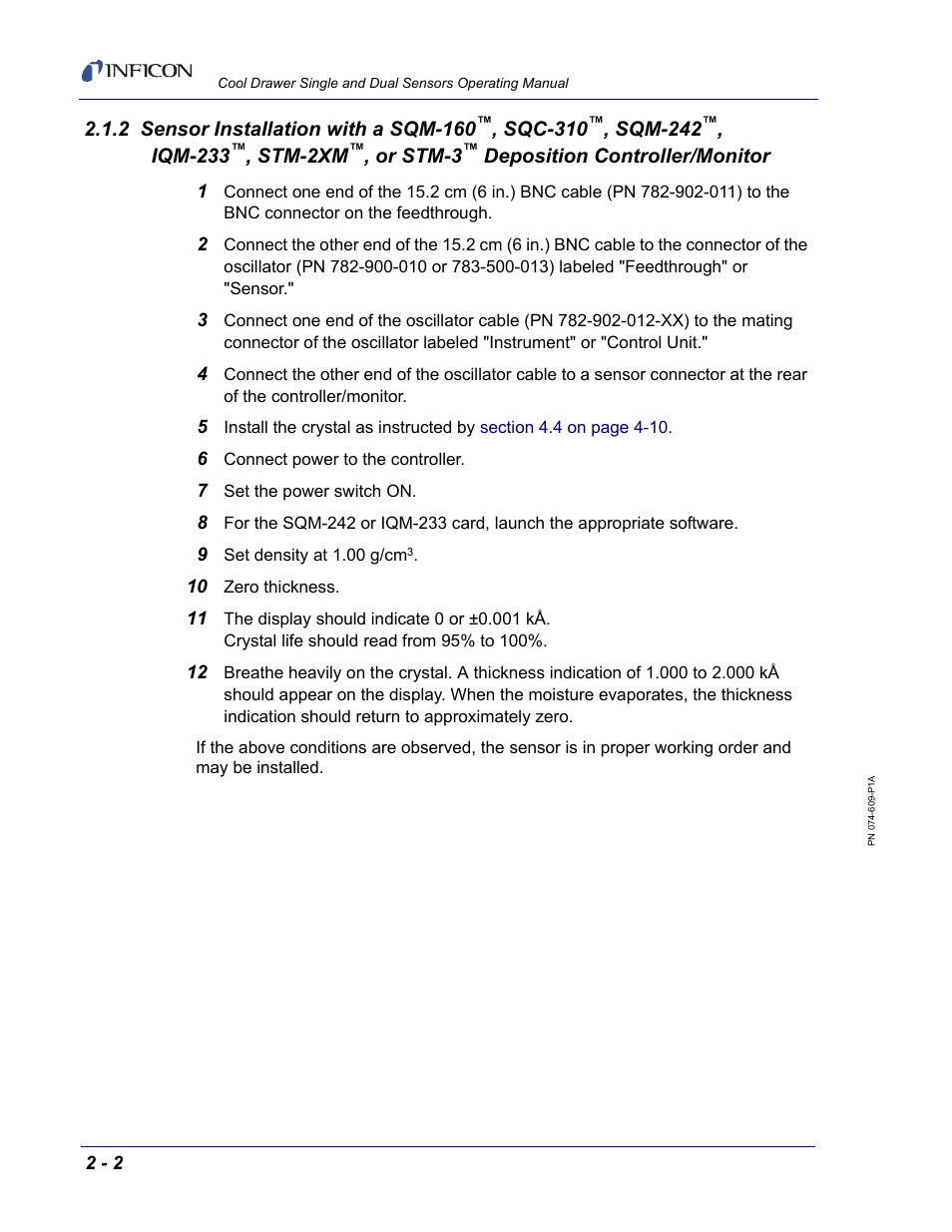2 sensor installation with a sqm-160, Sqc-310, Sqm-242 | Iqm-233, Stm-2xm, Or stm-3, Deposition controller/monitor | INFICON Cool Drawer Single Sensor User Manual | Page 28 / 52