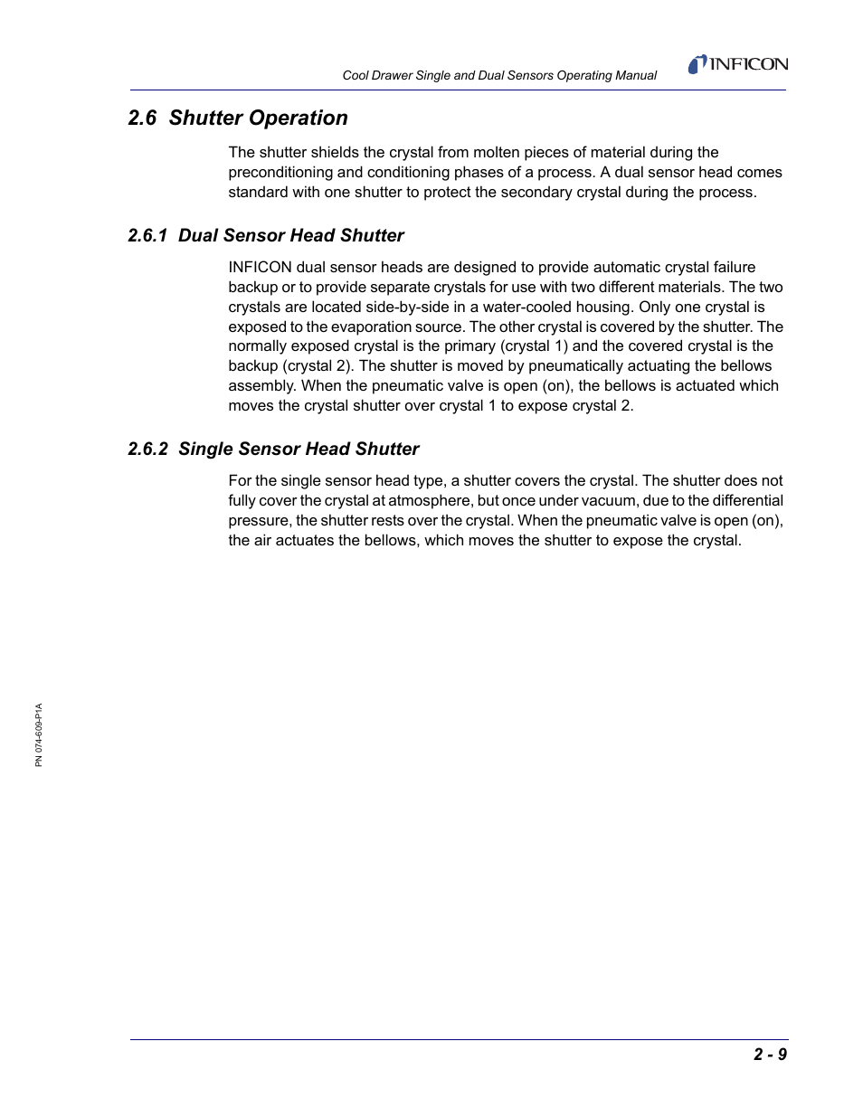6 shutter operation, 1 dual sensor head shutter, 2 single sensor head shutter | INFICON Cool Drawer Single Sensor User Manual | Page 35 / 52