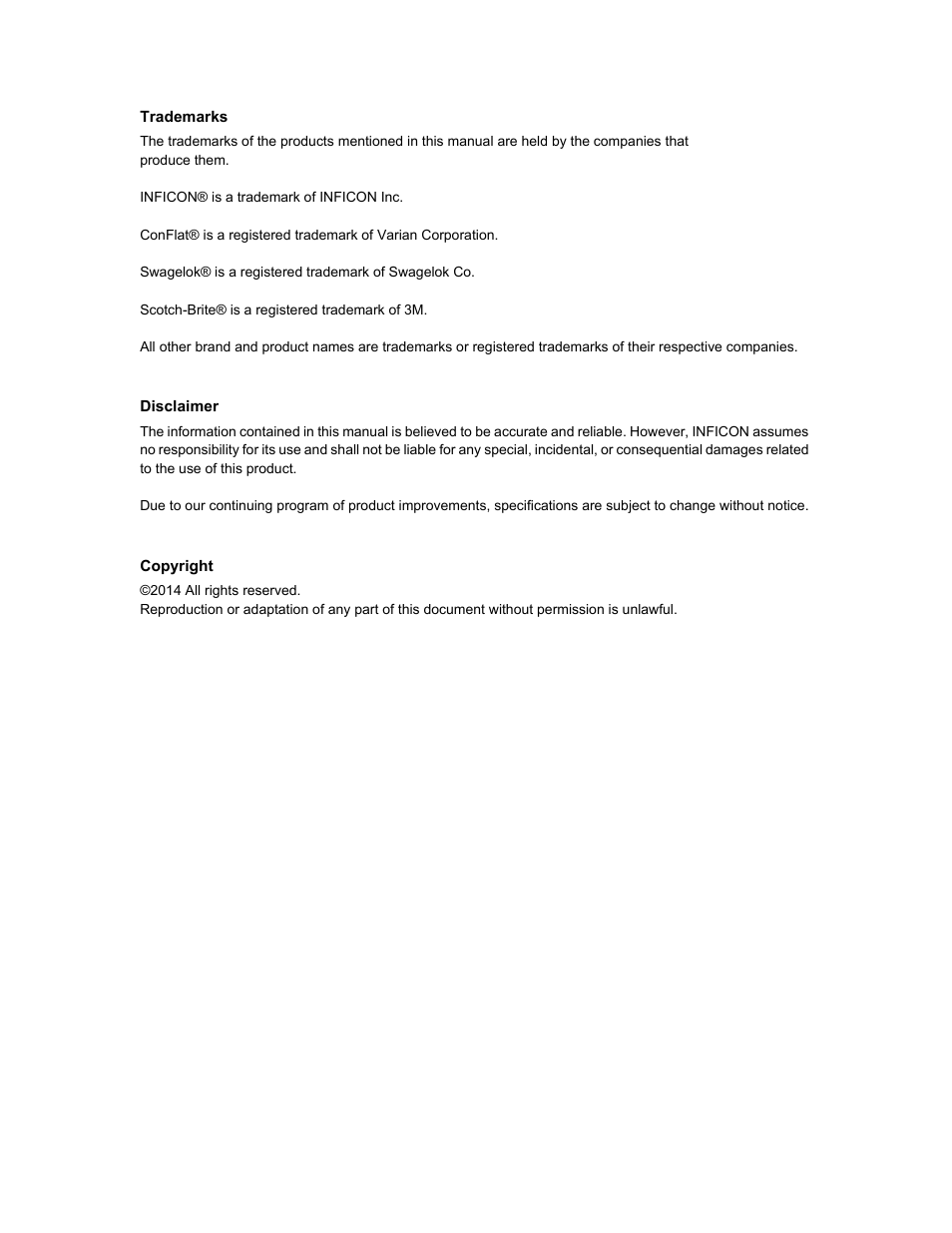 Trademarks, Disclaimer, Copyright | INFICON Cool Drawer Single Sensor User Manual | Page 4 / 52