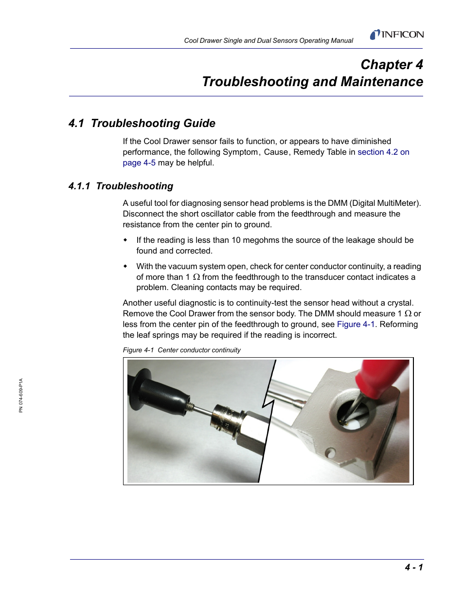 Chapter 4 troubleshooting and maintenance, 1 troubleshooting guide, 1 troubleshooting | Chapter 4 | INFICON Cool Drawer Single Sensor User Manual | Page 41 / 52