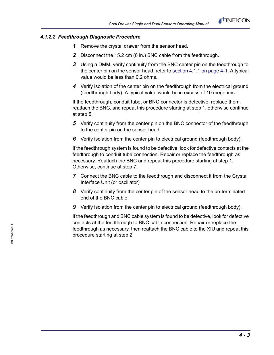 2 feedthrough diagnostic procedure, Gh. go to, Section 4.1.2.2 | INFICON Cool Drawer Single Sensor User Manual | Page 43 / 52