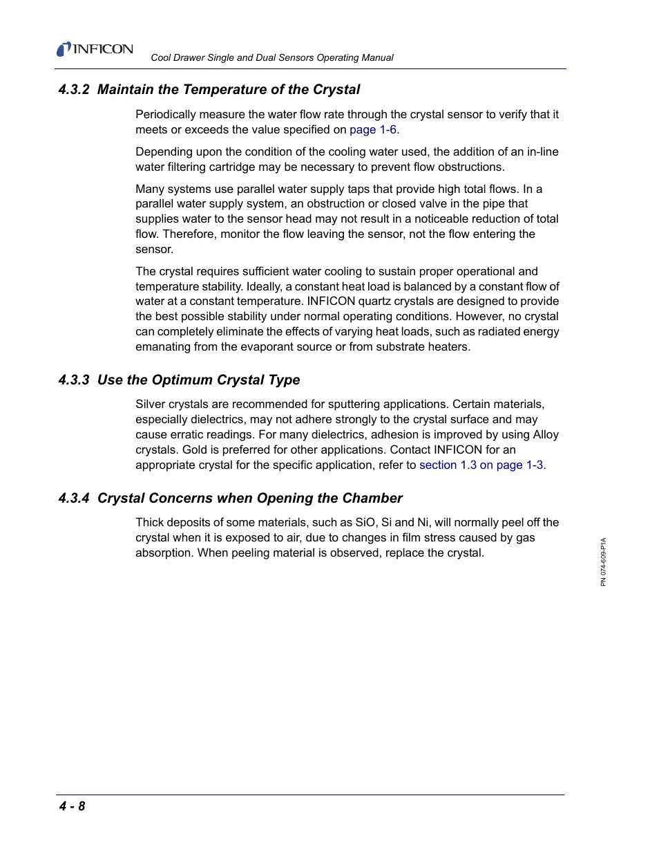 2 maintain the temperature of the crystal, 3 use the optimum crystal type, 4 crystal concerns when opening the chamber | INFICON Cool Drawer Single Sensor User Manual | Page 48 / 52