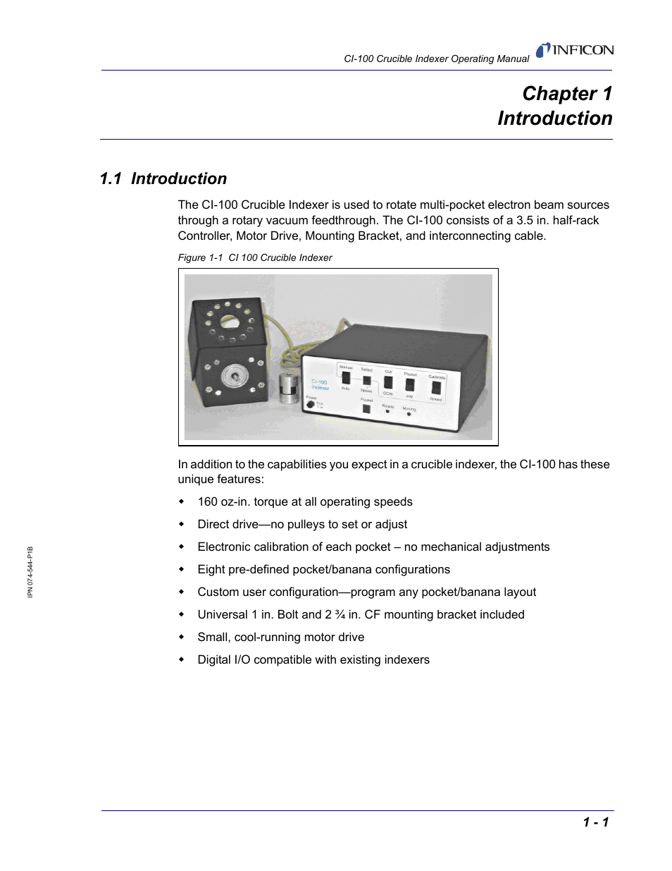 Chapter 1 introduction, 1 introduction, Chapter 1 | INFICON CI-100 Crucible Indexer User Manual | Page 11 / 40