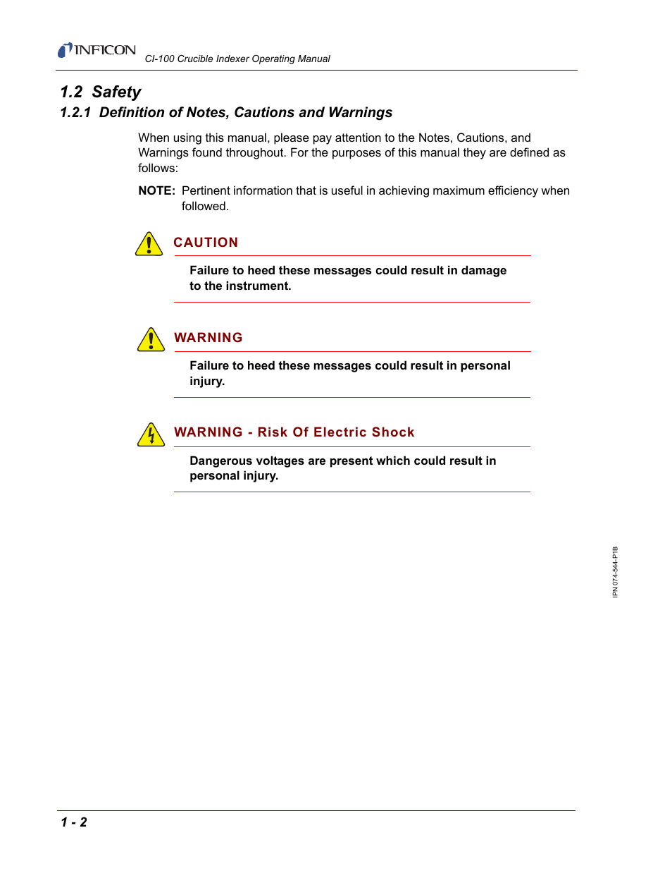 2 safety, 1 definition of notes, cautions and warnings | INFICON CI-100 Crucible Indexer User Manual | Page 12 / 40