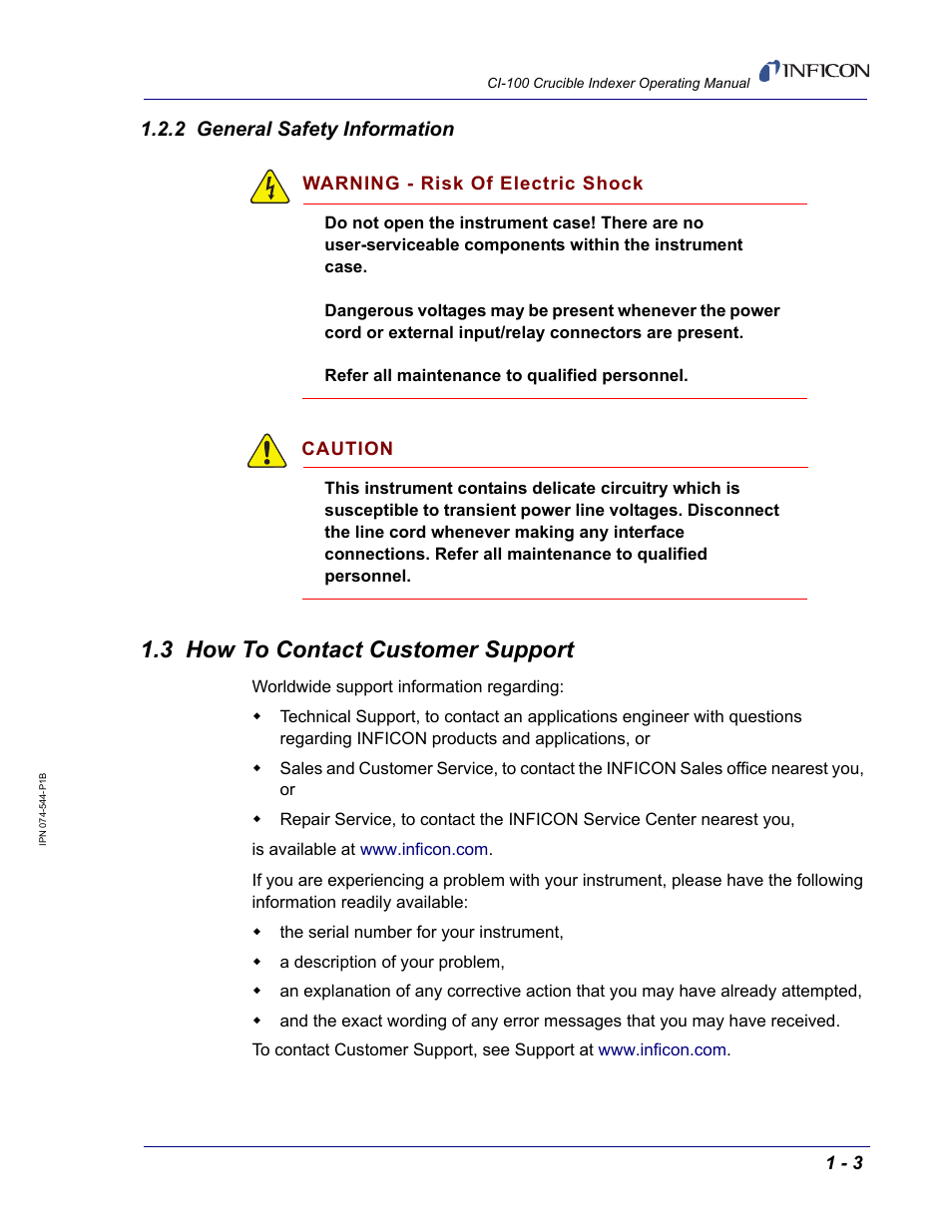 2 general safety information, 3 how to contact customer support | INFICON CI-100 Crucible Indexer User Manual | Page 13 / 40