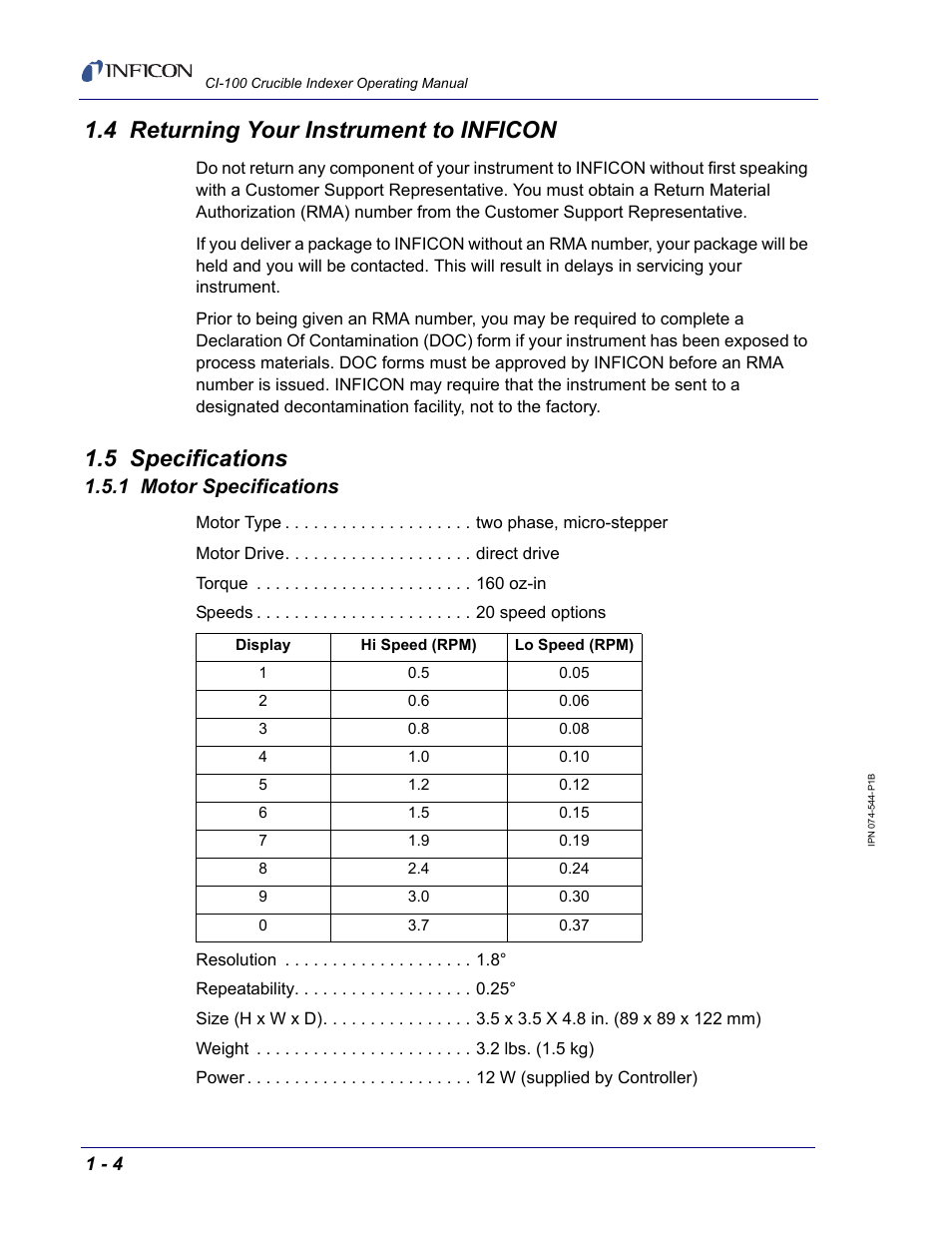 4 returning your instrument to inficon, 5 specifications, 1 motor specifications | INFICON CI-100 Crucible Indexer User Manual | Page 14 / 40