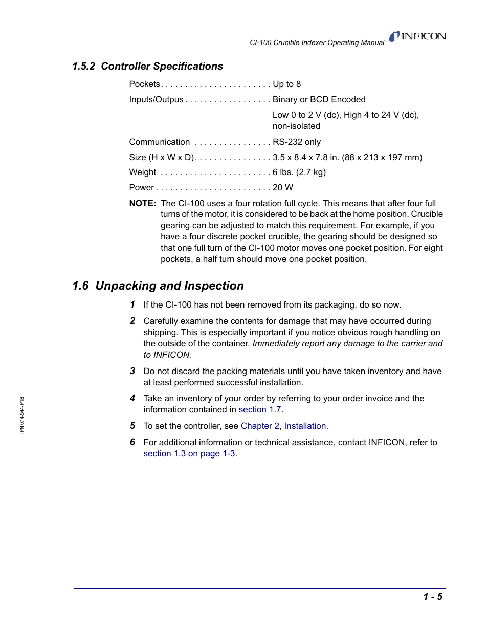 2 controller specifications, 6 unpacking and inspection | INFICON CI-100 Crucible Indexer User Manual | Page 15 / 40