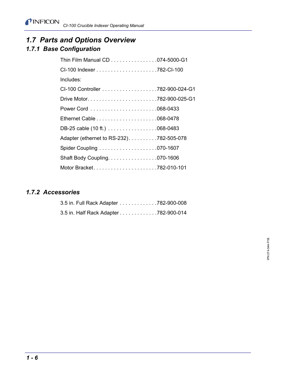 7 parts and options overview, 1 base configuration, 2 accessories | Section 1.7 | INFICON CI-100 Crucible Indexer User Manual | Page 16 / 40