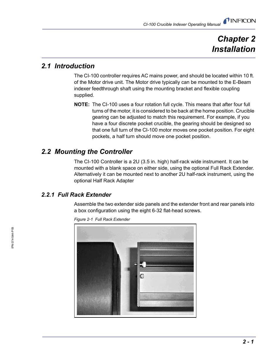 Chapter 2 installation, 1 introduction, 2 mounting the controller | 1 full rack extender, Chapter 2, Chapter 2, installation | INFICON CI-100 Crucible Indexer User Manual | Page 17 / 40