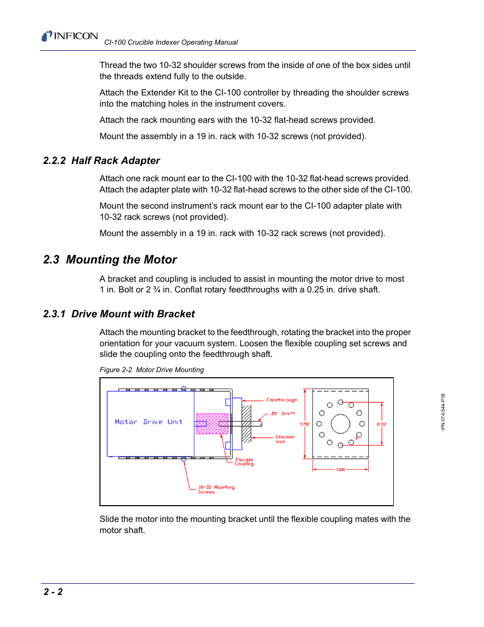 2 half rack adapter, 3 mounting the motor, 1 drive mount with bracket | INFICON CI-100 Crucible Indexer User Manual | Page 18 / 40