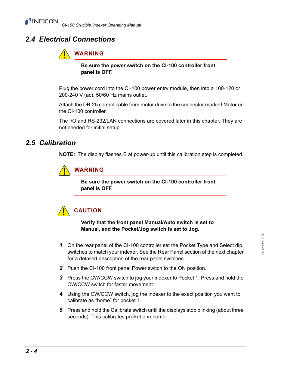 4 electrical connections, 5 calibration | INFICON CI-100 Crucible Indexer User Manual | Page 20 / 40