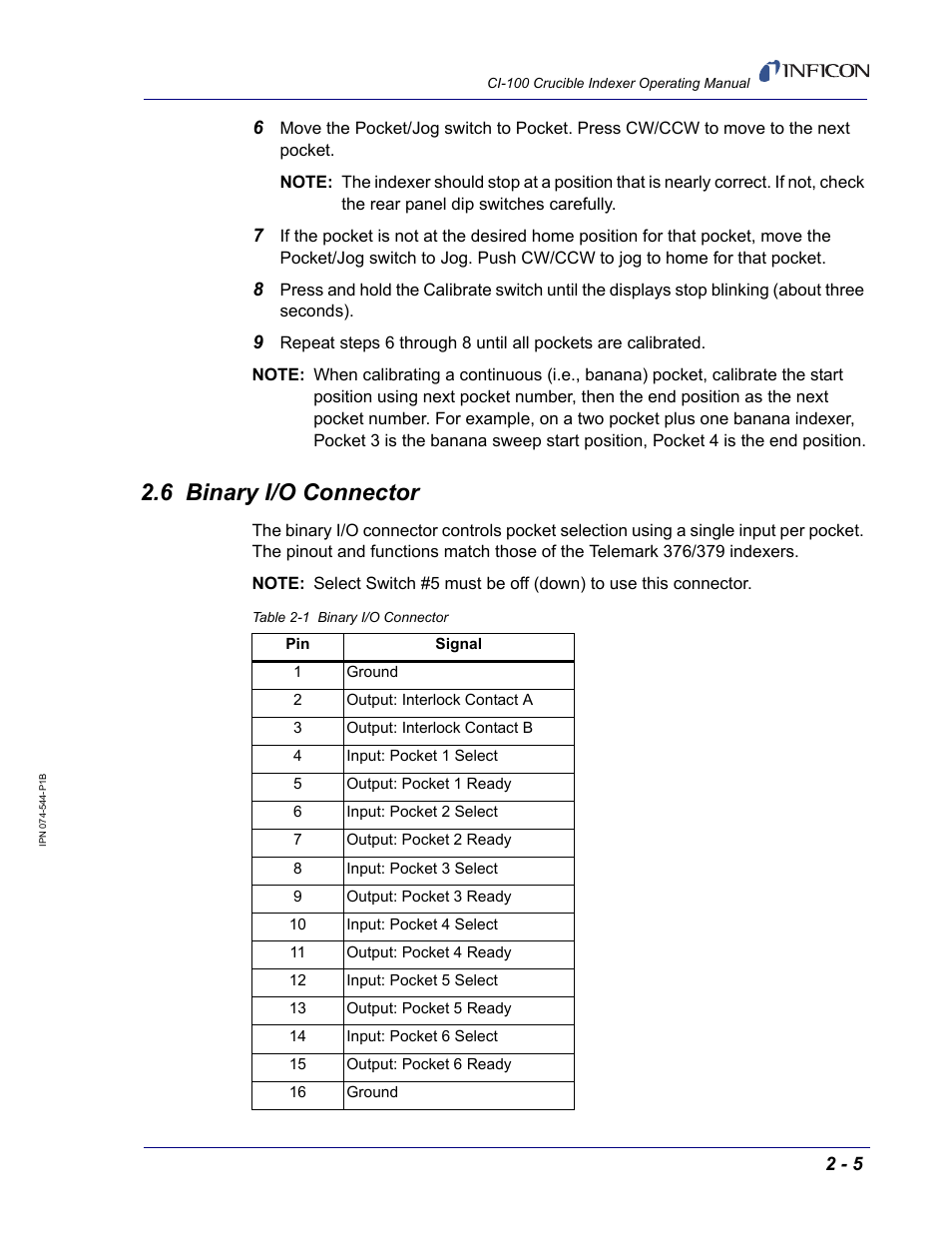 6 binary i/o connector | INFICON CI-100 Crucible Indexer User Manual | Page 21 / 40