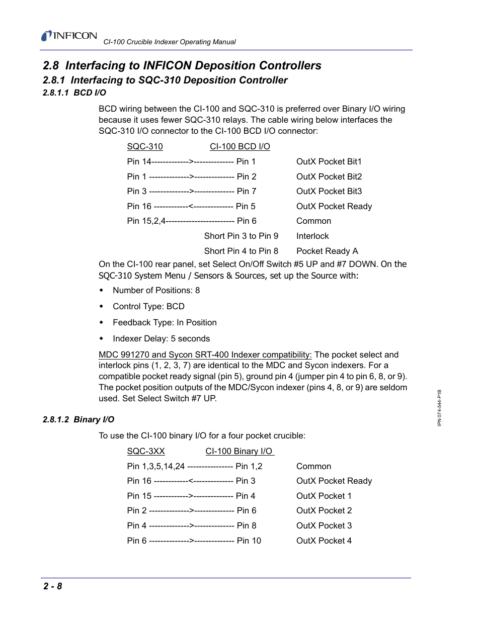 8 interfacing to inficon deposition controllers, 1 interfacing to sqc-310 deposition controller, 1 bcd i/o | 2 binary i/o | INFICON CI-100 Crucible Indexer User Manual | Page 24 / 40