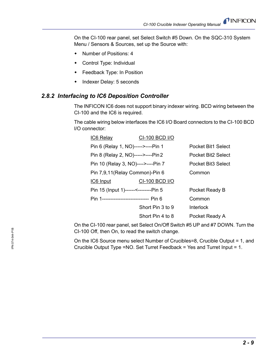 2 interfacing to ic6 deposition controller | INFICON CI-100 Crucible Indexer User Manual | Page 25 / 40