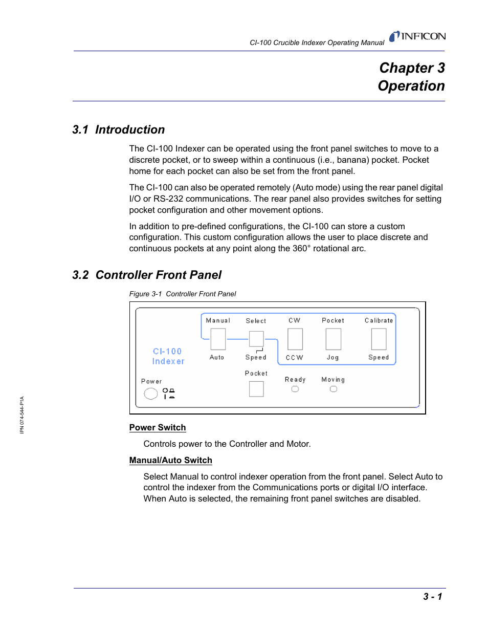 Chapter 3 operation, 1 introduction, 2 controller front panel | Chapter 3 | INFICON CI-100 Crucible Indexer User Manual | Page 29 / 40