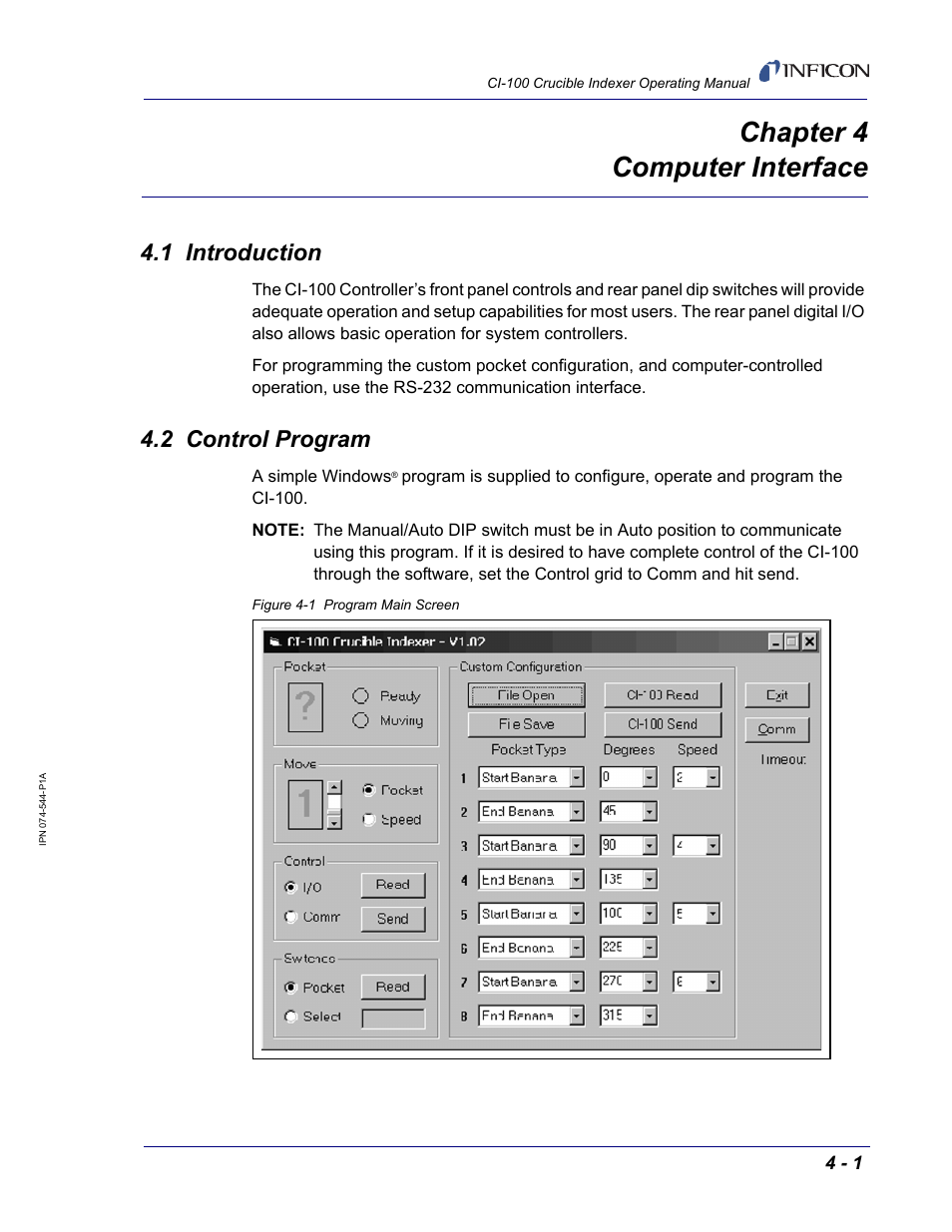 Chapter 4 computer interface, 1 introduction, 2 control program | Chapter 4 | INFICON CI-100 Crucible Indexer User Manual | Page 35 / 40