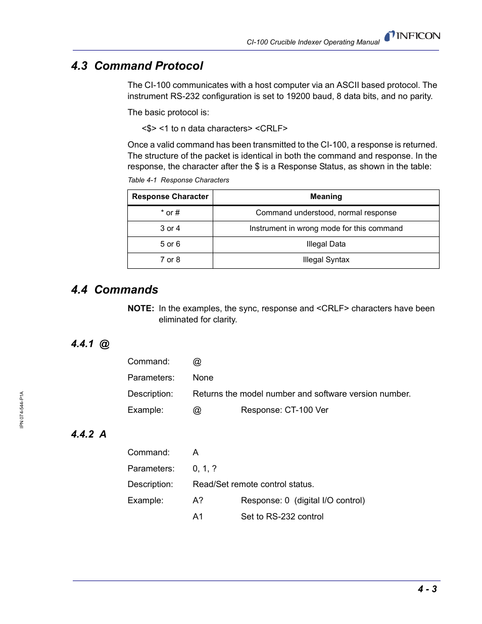3 command protocol, 4 commands | INFICON CI-100 Crucible Indexer User Manual | Page 37 / 40