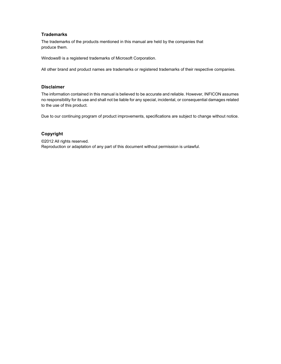 Trademarks, Disclaimer, Copyright | INFICON CI-100 Crucible Indexer User Manual | Page 4 / 40