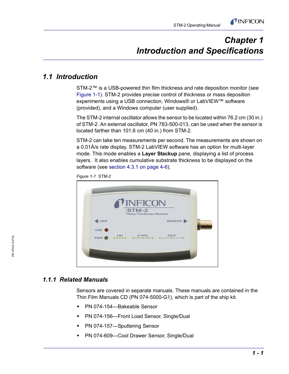 Chapter 1 introduction and specifications, 1 introduction, 1 related manuals | Chapter 1 | INFICON STM-2 USB Thin Film Rate/Thickness Monitor User Manual | Page 13 / 106