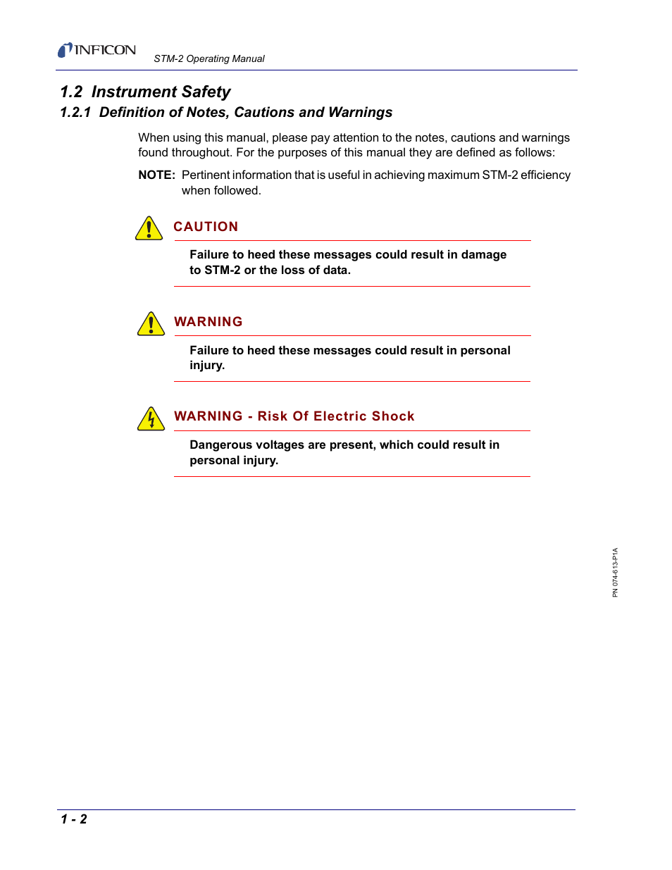 2 instrument safety, 1 definition of notes, cautions and warnings | INFICON STM-2 USB Thin Film Rate/Thickness Monitor User Manual | Page 14 / 106