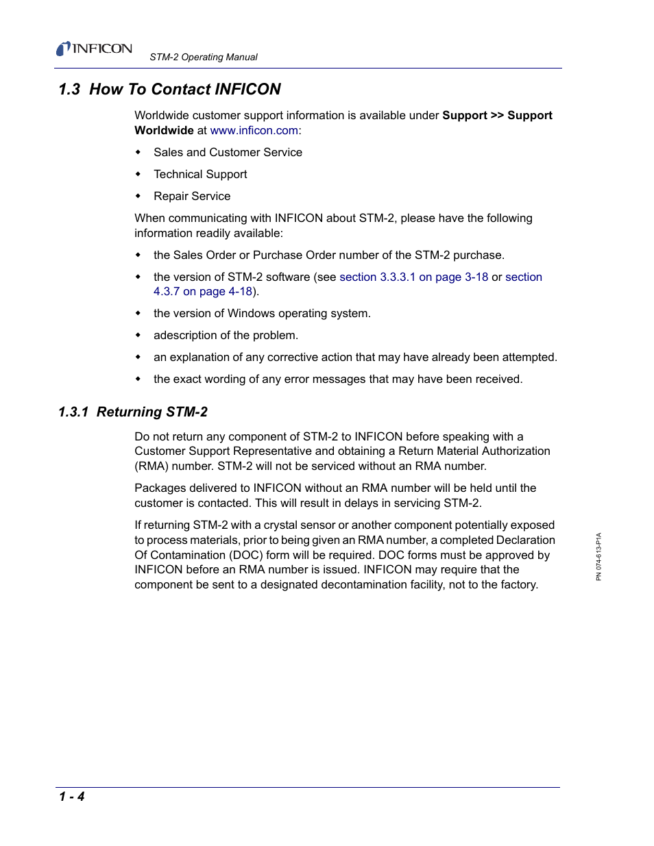 3 how to contact inficon, 1 returning stm-2 | INFICON STM-2 USB Thin Film Rate/Thickness Monitor User Manual | Page 16 / 106