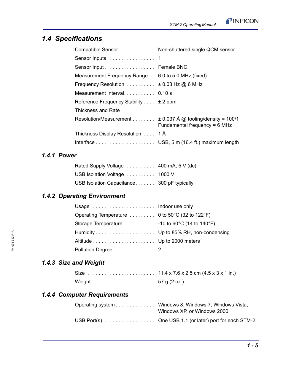 4 specifications, 1 power, 2 operating environment | 3 size and weight, 4 computer requirements | INFICON STM-2 USB Thin Film Rate/Thickness Monitor User Manual | Page 17 / 106