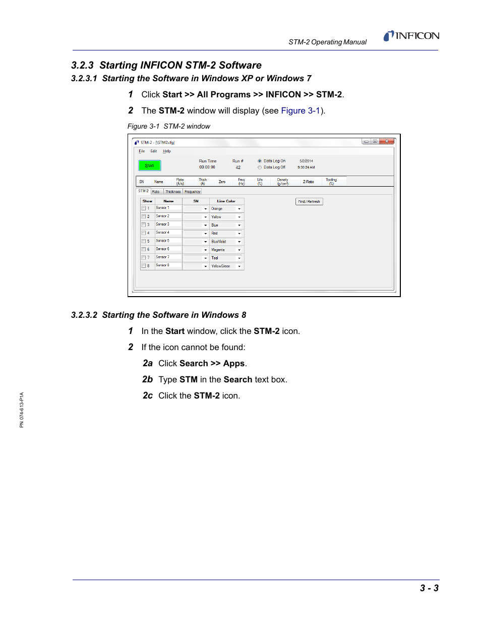 3 starting inficon stm-2 software, 1 starting the software in windows xp or windows 7, 2 starting the software in windows 8 | INFICON STM-2 USB Thin Film Rate/Thickness Monitor User Manual | Page 29 / 106