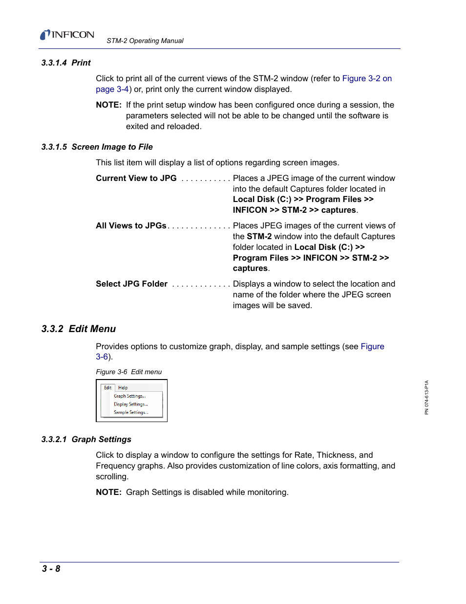 4 print, 5 screen image to file, 2 edit menu | 1 graph settings, Menu (see | INFICON STM-2 USB Thin Film Rate/Thickness Monitor User Manual | Page 34 / 106