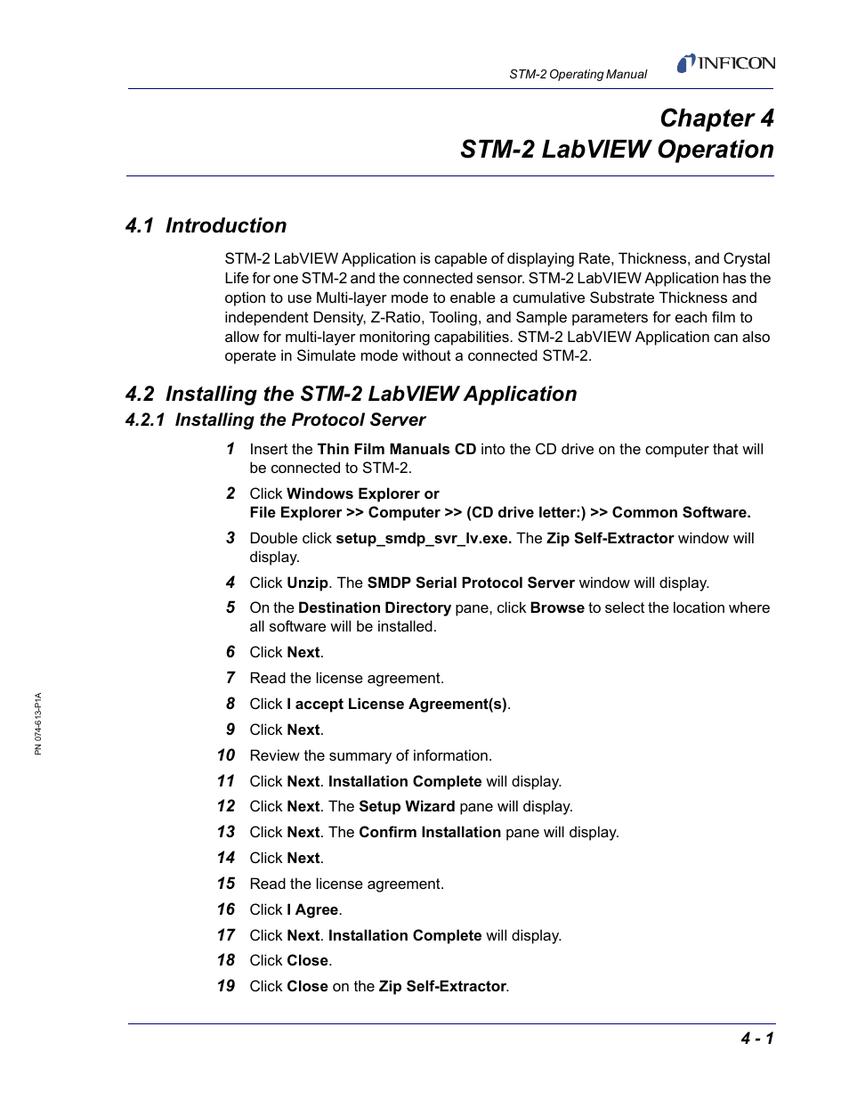 Chapter 4 stm-2 labview operation, 1 introduction, 2 installing the stm-2 labview application | 1 installing the protocol server, Chapter 4 | INFICON STM-2 USB Thin Film Rate/Thickness Monitor User Manual | Page 49 / 106