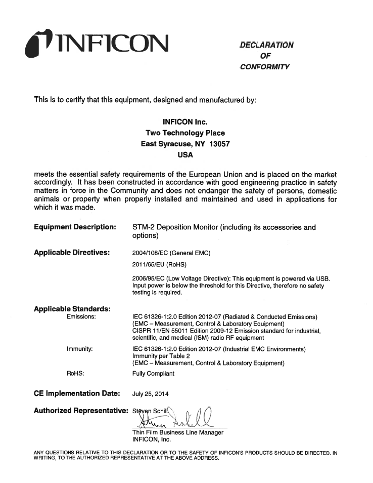 Declaration of conformity | INFICON STM-2 USB Thin Film Rate/Thickness Monitor User Manual | Page 5 / 106