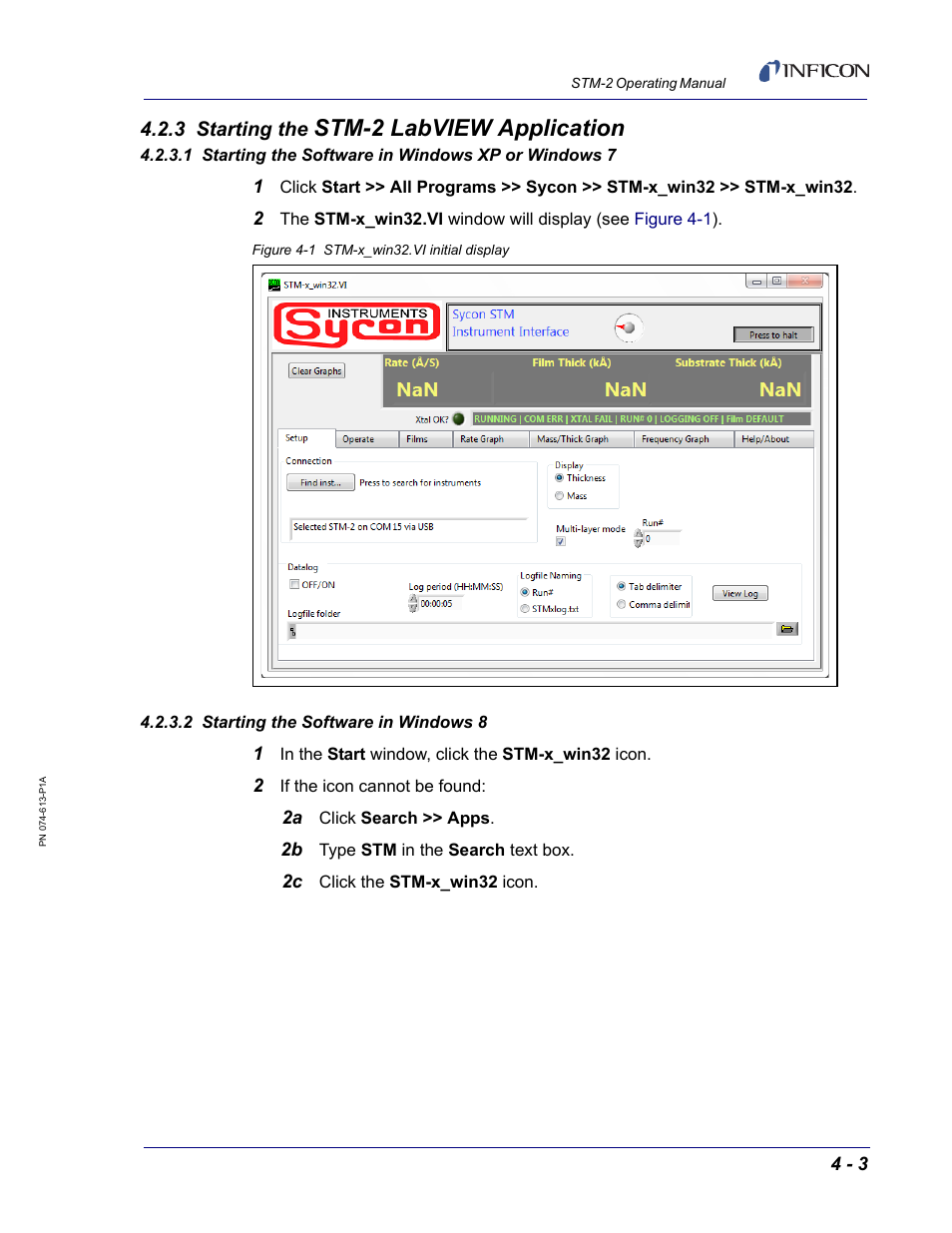 3 starting the stm-2 labview application, 1 starting the software in windows xp or windows 7, 2 starting the software in windows 8 | Stm-2 labview application, 3 starting the | INFICON STM-2 USB Thin Film Rate/Thickness Monitor User Manual | Page 51 / 106