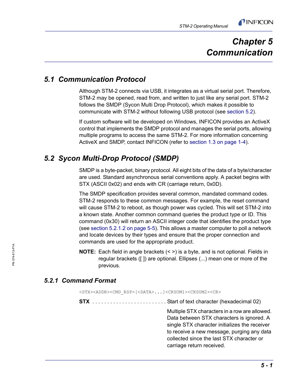 Chapter 5 communication, 1 communication protocol, 2 sycon multi-drop protocol (smdp) | 1 command format, Chapter 5 | INFICON STM-2 USB Thin Film Rate/Thickness Monitor User Manual | Page 69 / 106