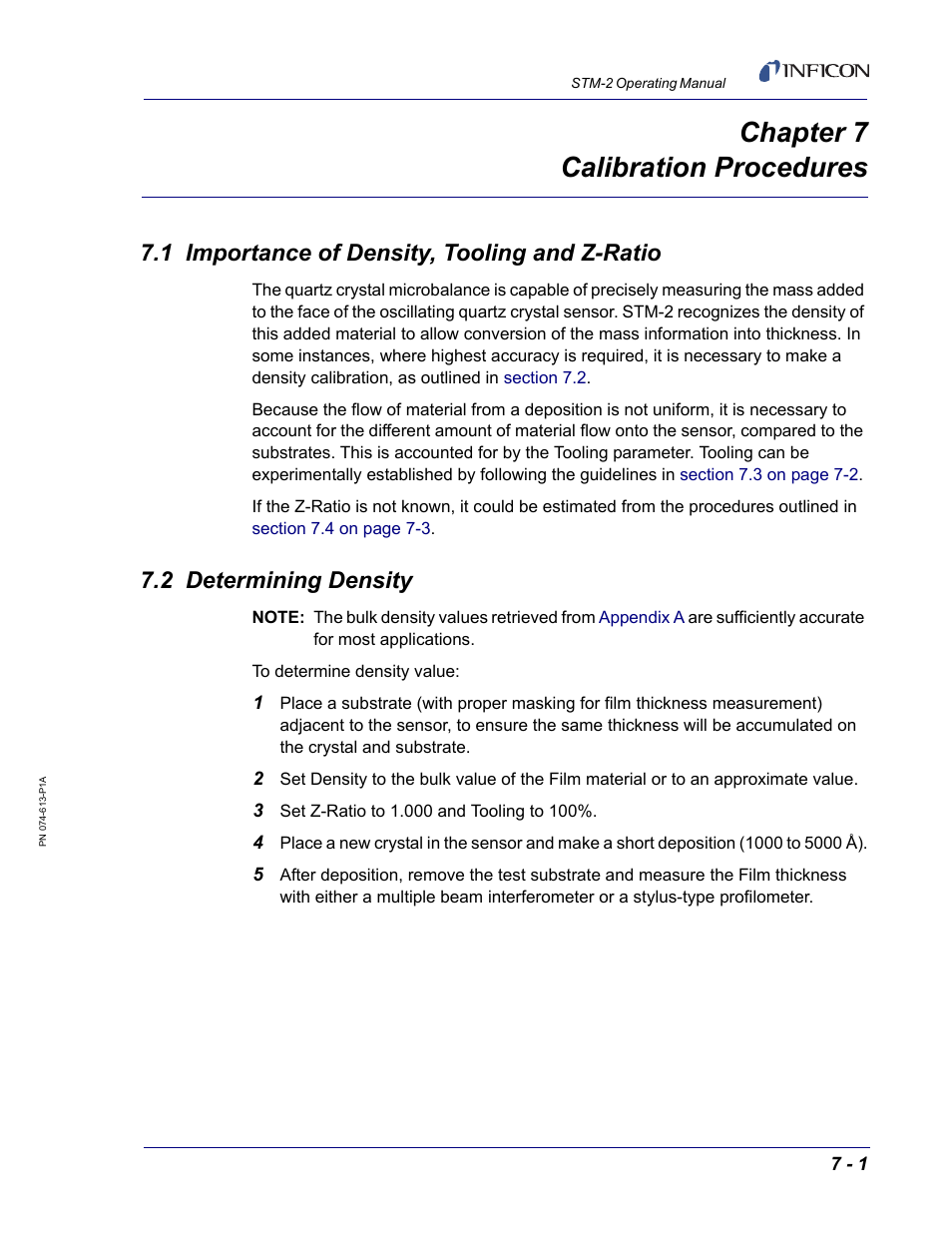 Chapter 7 calibration procedures, 1 importance of density, tooling and z-ratio, 2 determining density | Chapter 7 | INFICON STM-2 USB Thin Film Rate/Thickness Monitor User Manual | Page 87 / 106