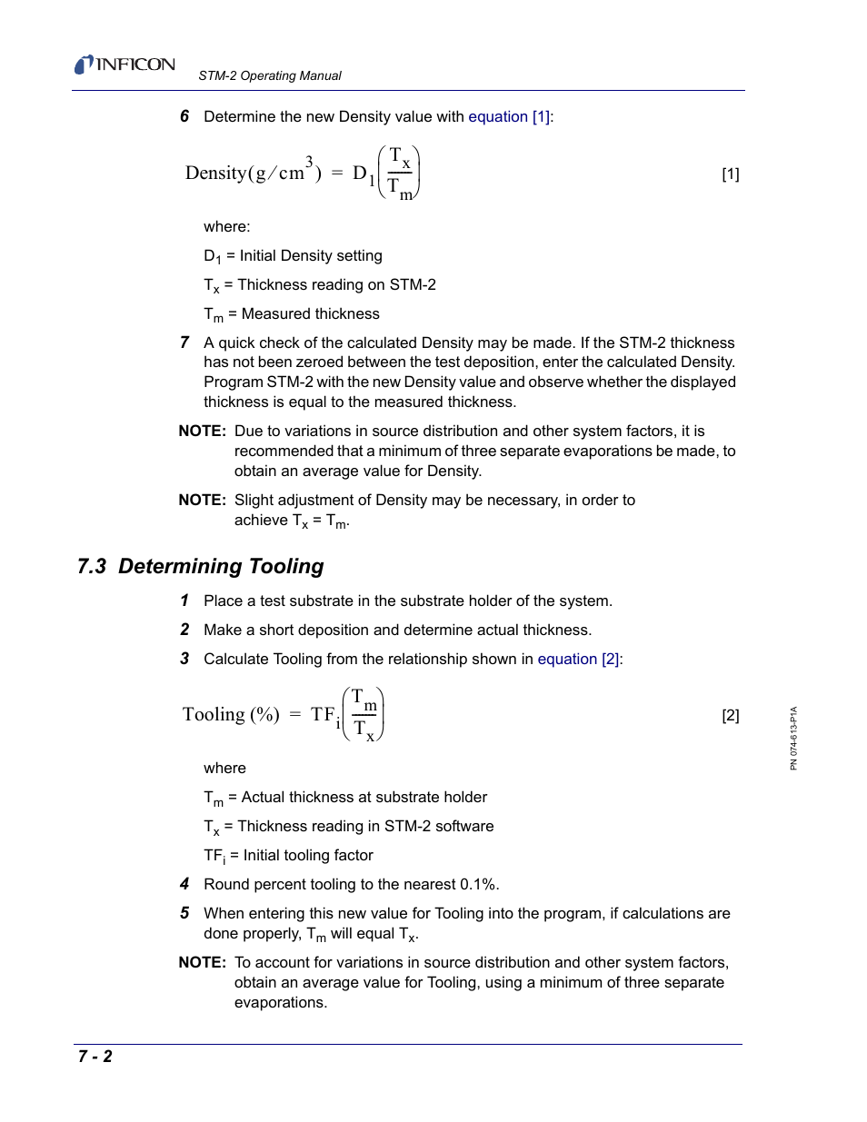 3 determining tooling, Tooling, see, Section 7.3 on | He guidelines in, Density g cm, Tooling (%) tf | INFICON STM-2 USB Thin Film Rate/Thickness Monitor User Manual | Page 88 / 106