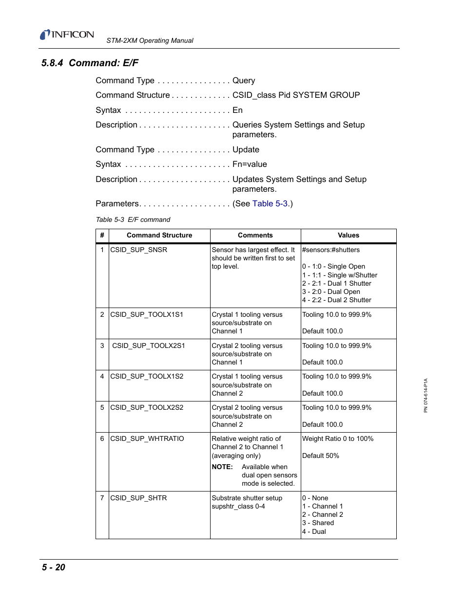 4 command: e/f | INFICON STM-2XM 2-Channel Rate/Thickness Monitor User Manual | Page 100 / 146