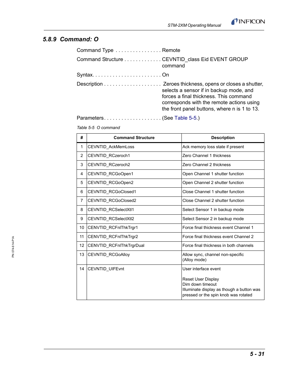 9 command: o | INFICON STM-2XM 2-Channel Rate/Thickness Monitor User Manual | Page 111 / 146