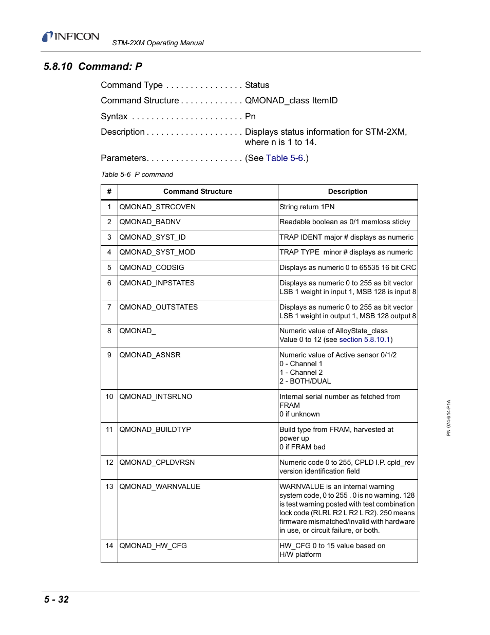 10 command: p | INFICON STM-2XM 2-Channel Rate/Thickness Monitor User Manual | Page 112 / 146