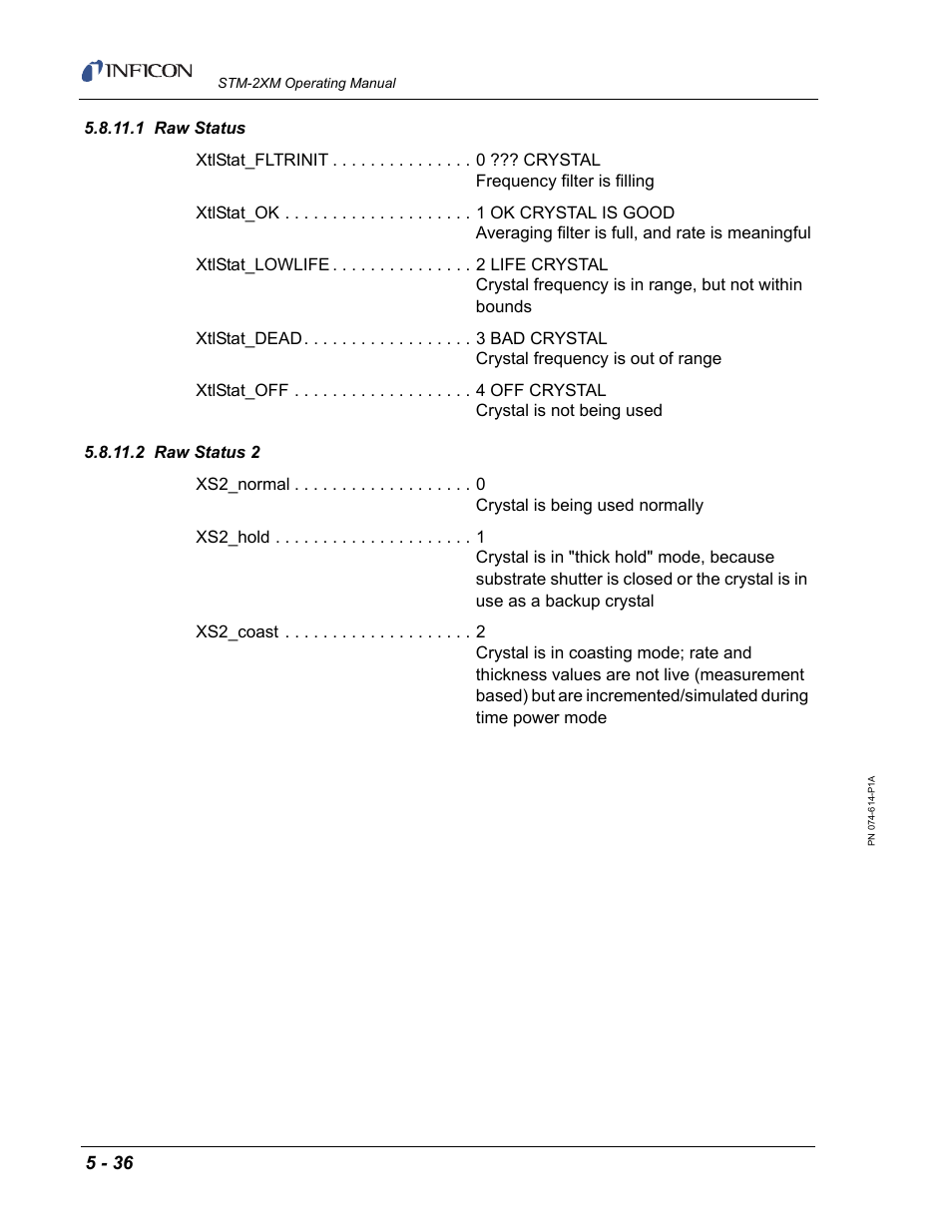 1 raw status, 2 raw status 2, Section | INFICON STM-2XM 2-Channel Rate/Thickness Monitor User Manual | Page 116 / 146