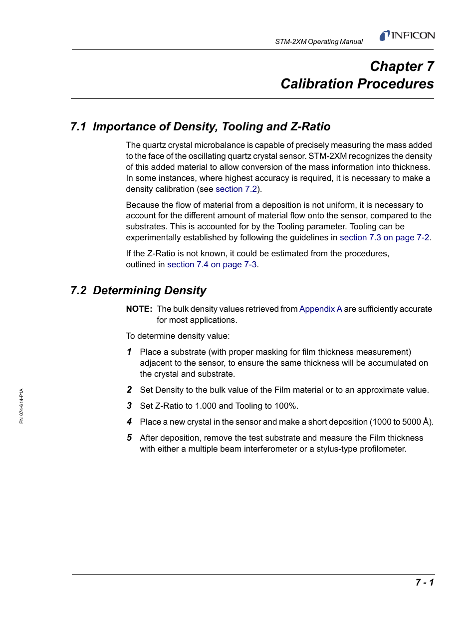 Chapter 7 calibration procedures, 1 importance of density, tooling and z-ratio, 2 determining density | Chapter 7 | INFICON STM-2XM 2-Channel Rate/Thickness Monitor User Manual | Page 129 / 146