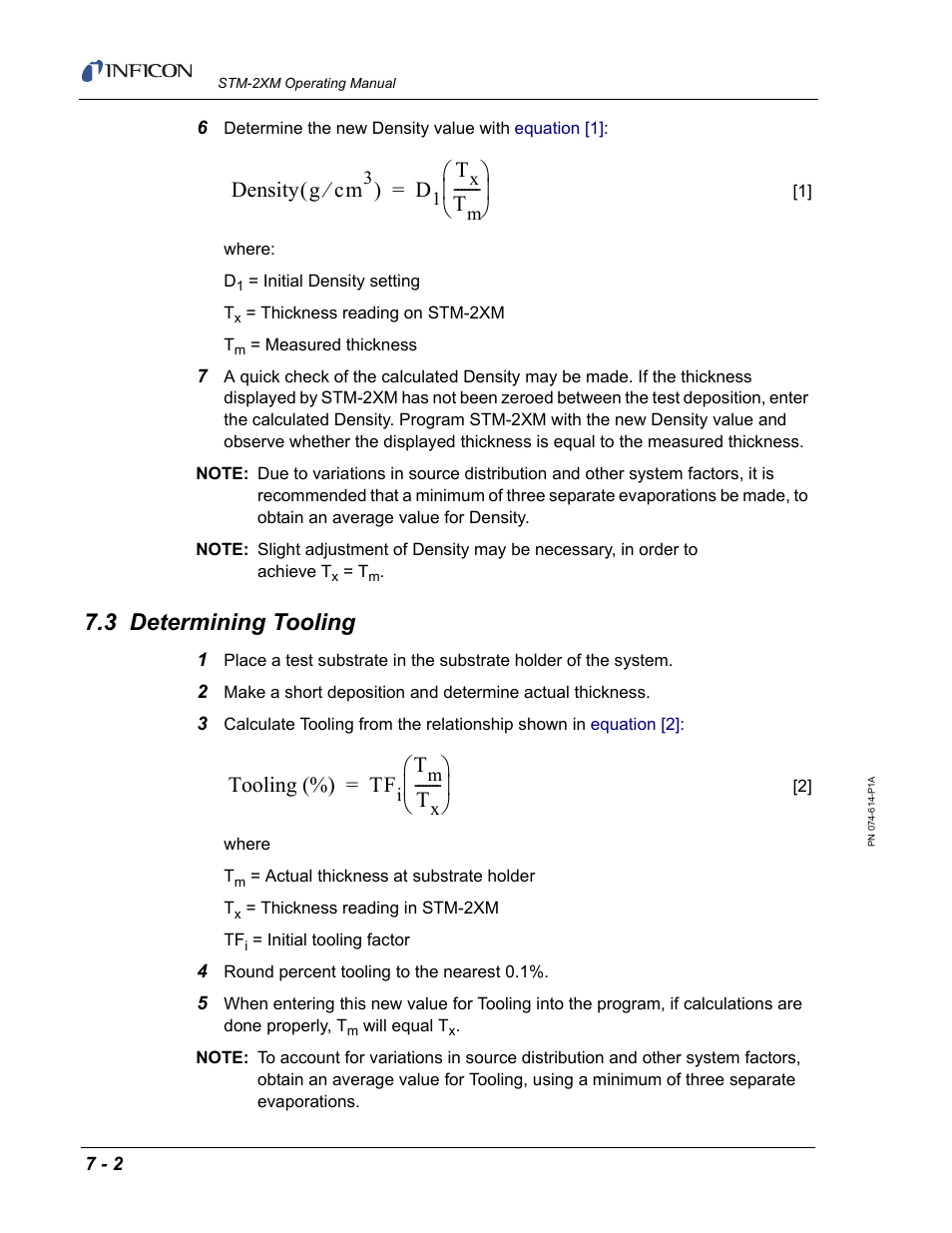 3 determining tooling, He guidelines in, Density g cm | Tooling (%) tf | INFICON STM-2XM 2-Channel Rate/Thickness Monitor User Manual | Page 130 / 146