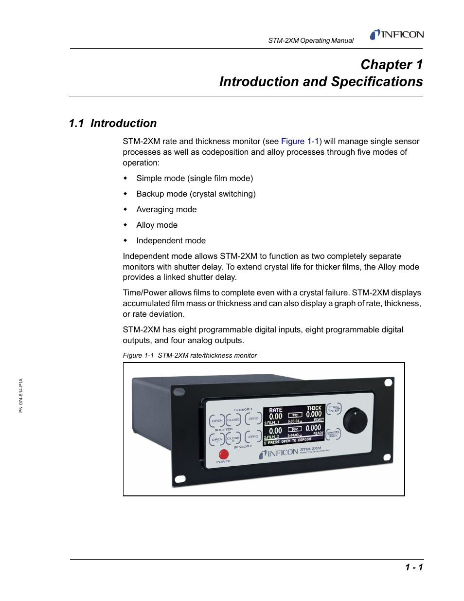 Chapter 1 introduction and specifications, 1 introduction, Chapter 1 | INFICON STM-2XM 2-Channel Rate/Thickness Monitor User Manual | Page 15 / 146