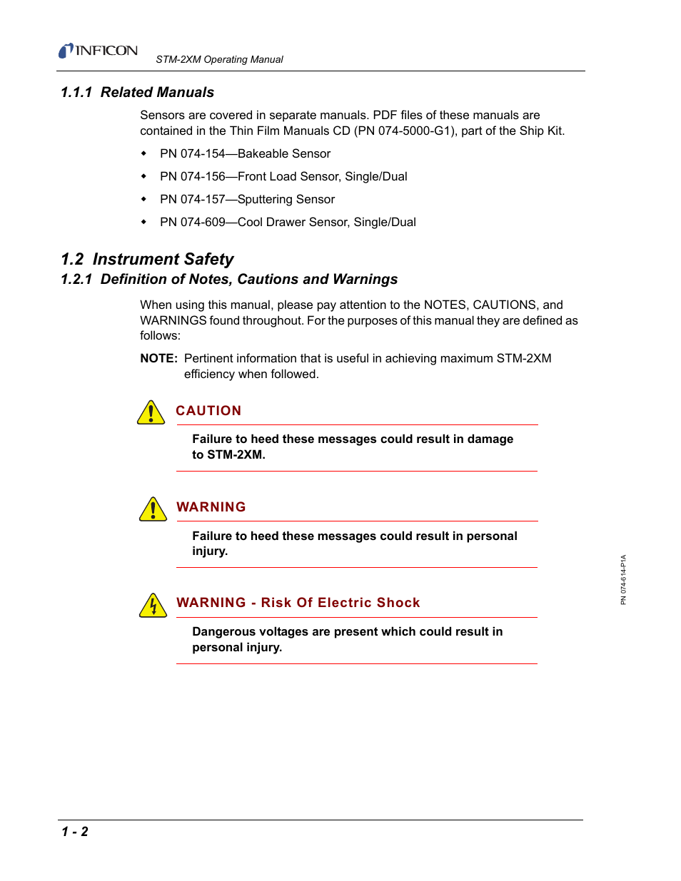 1 related manuals, 2 instrument safety, 1 definition of notes, cautions and warnings | INFICON STM-2XM 2-Channel Rate/Thickness Monitor User Manual | Page 16 / 146