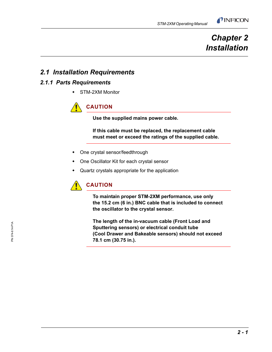 Chapter 2 installation, 1 installation requirements, 1 parts requirements | Chapter 2 | INFICON STM-2XM 2-Channel Rate/Thickness Monitor User Manual | Page 27 / 146