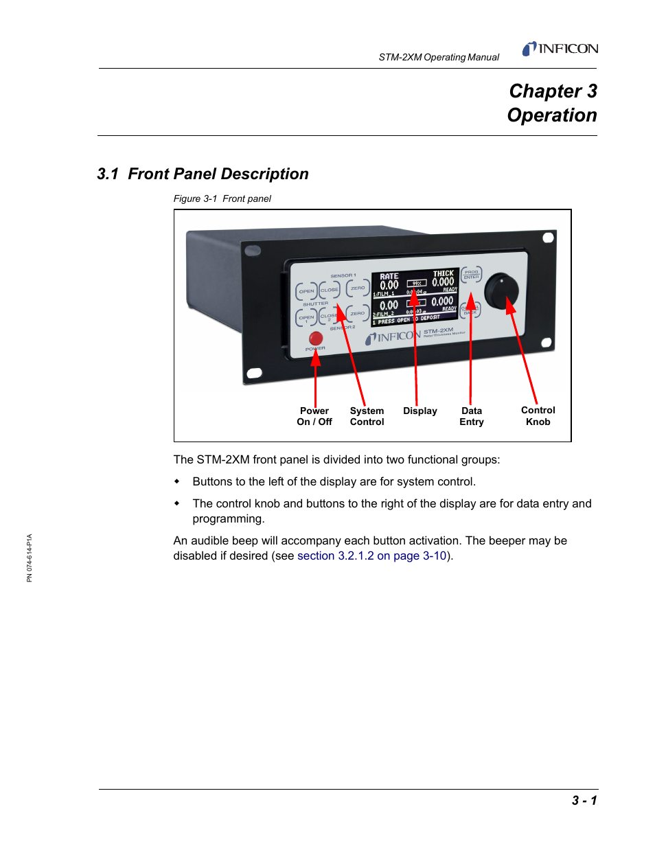 Chapter 3 operation, 1 front panel description, Chapter 3 | INFICON STM-2XM 2-Channel Rate/Thickness Monitor User Manual | Page 37 / 146