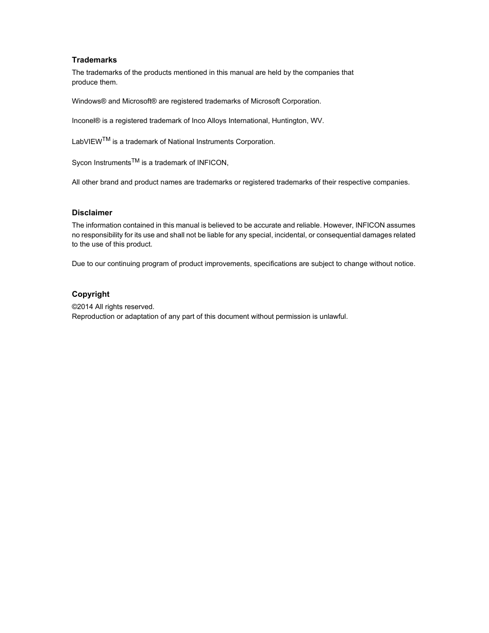 Trademarks, Disclaimer, Copyright | INFICON STM-2XM 2-Channel Rate/Thickness Monitor User Manual | Page 4 / 146